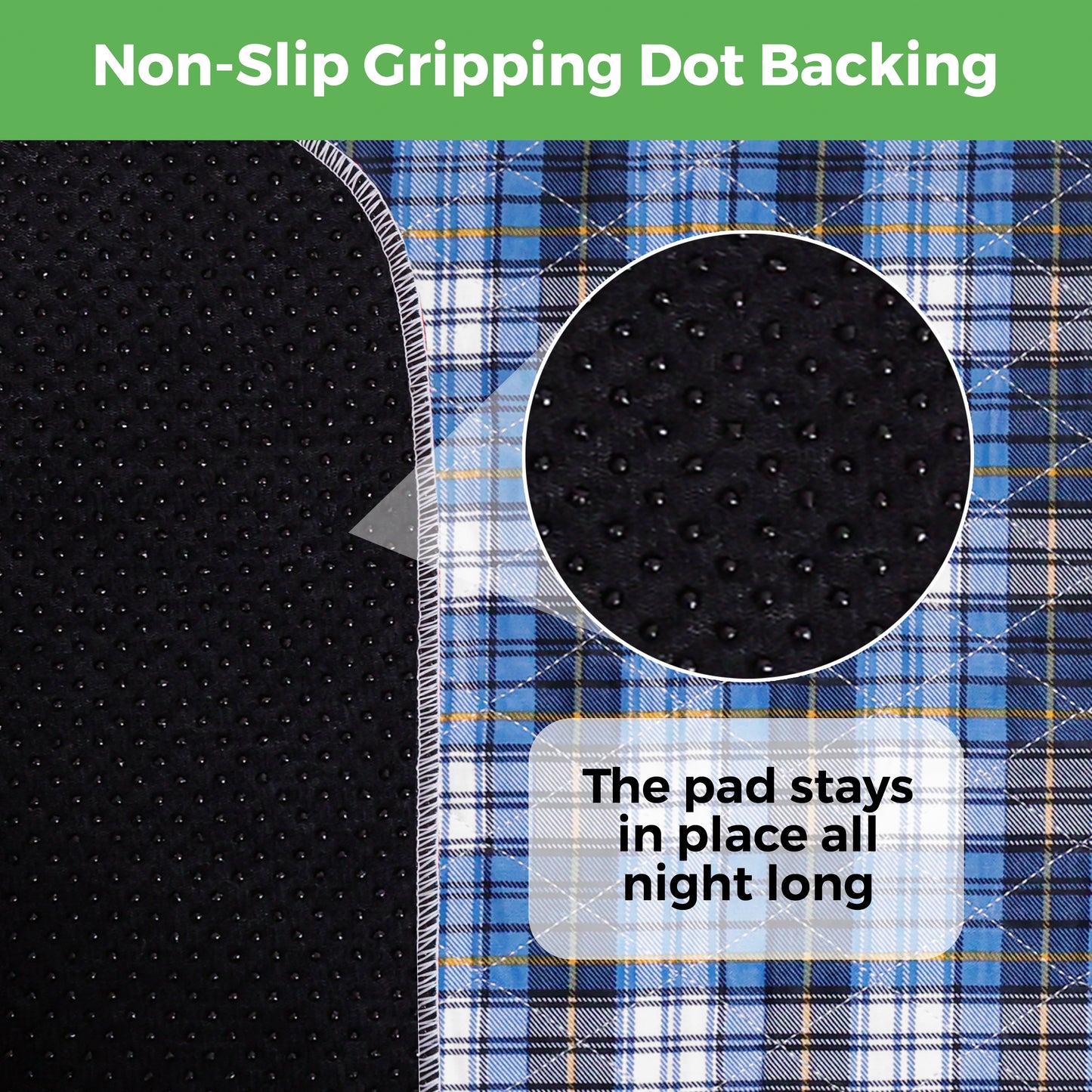AbleUplift Incontinence Bed Pad Blue Plaid Color stays in place all night long with non-slip gripping dot backing