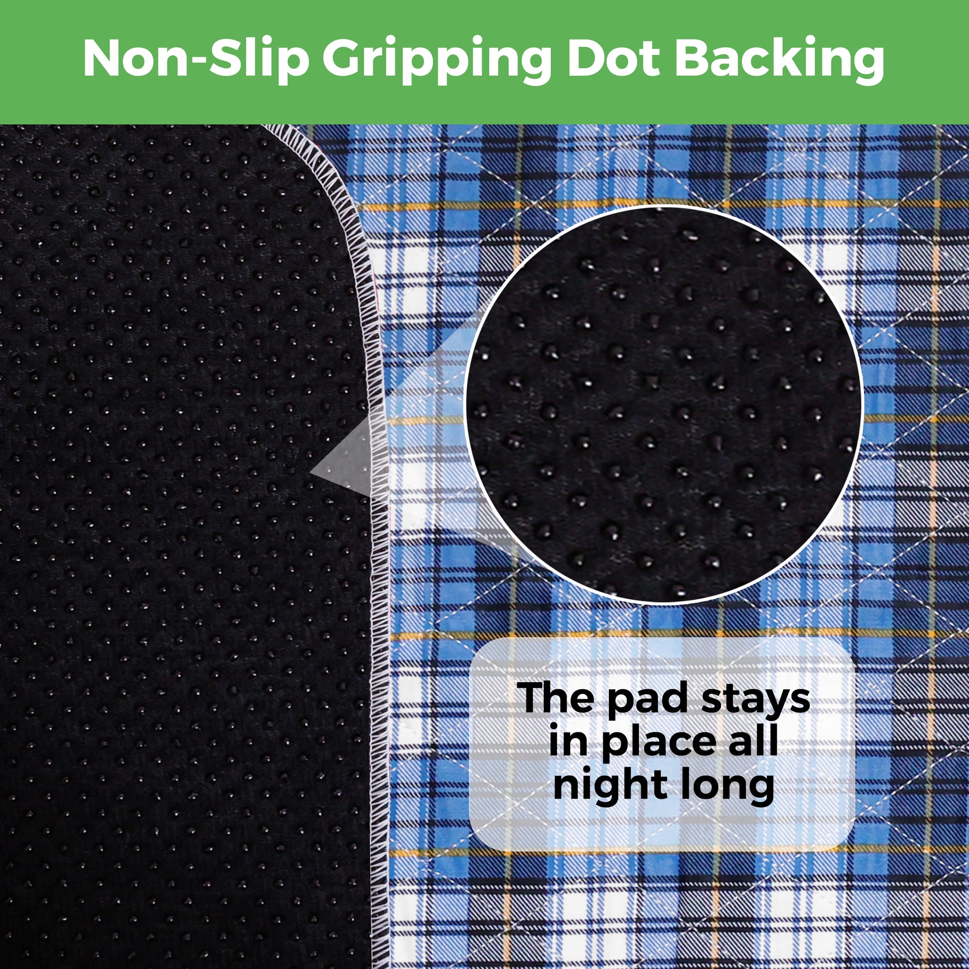 AbleUplift Incontinence Bed Pad Blue Plaid Color stays in place all night long with non-slip gripping dot backing