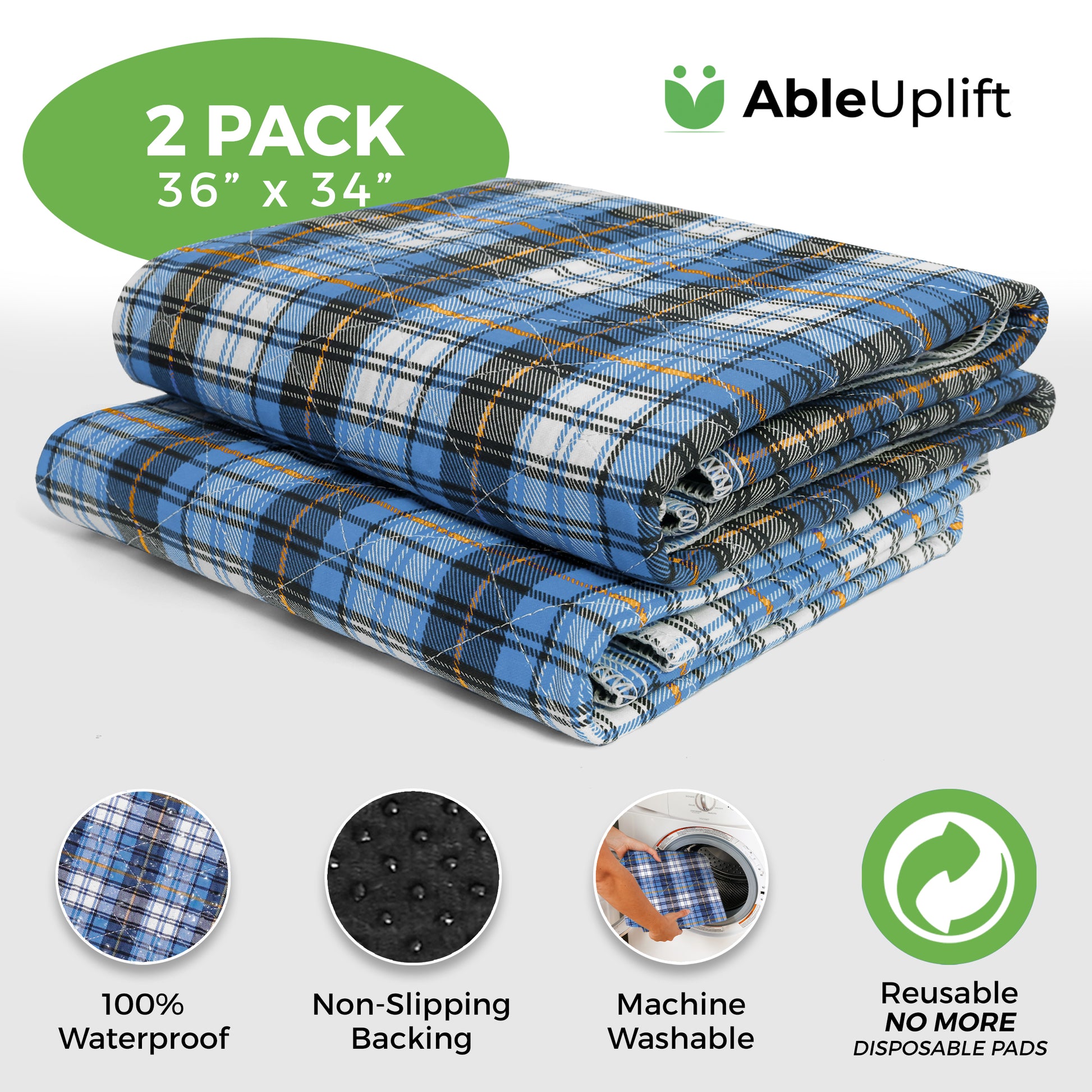 AbleUplift Incontinence Bed Pad 2Pack Blue Color with 100% waterproof, non-slipping backing, machine washable