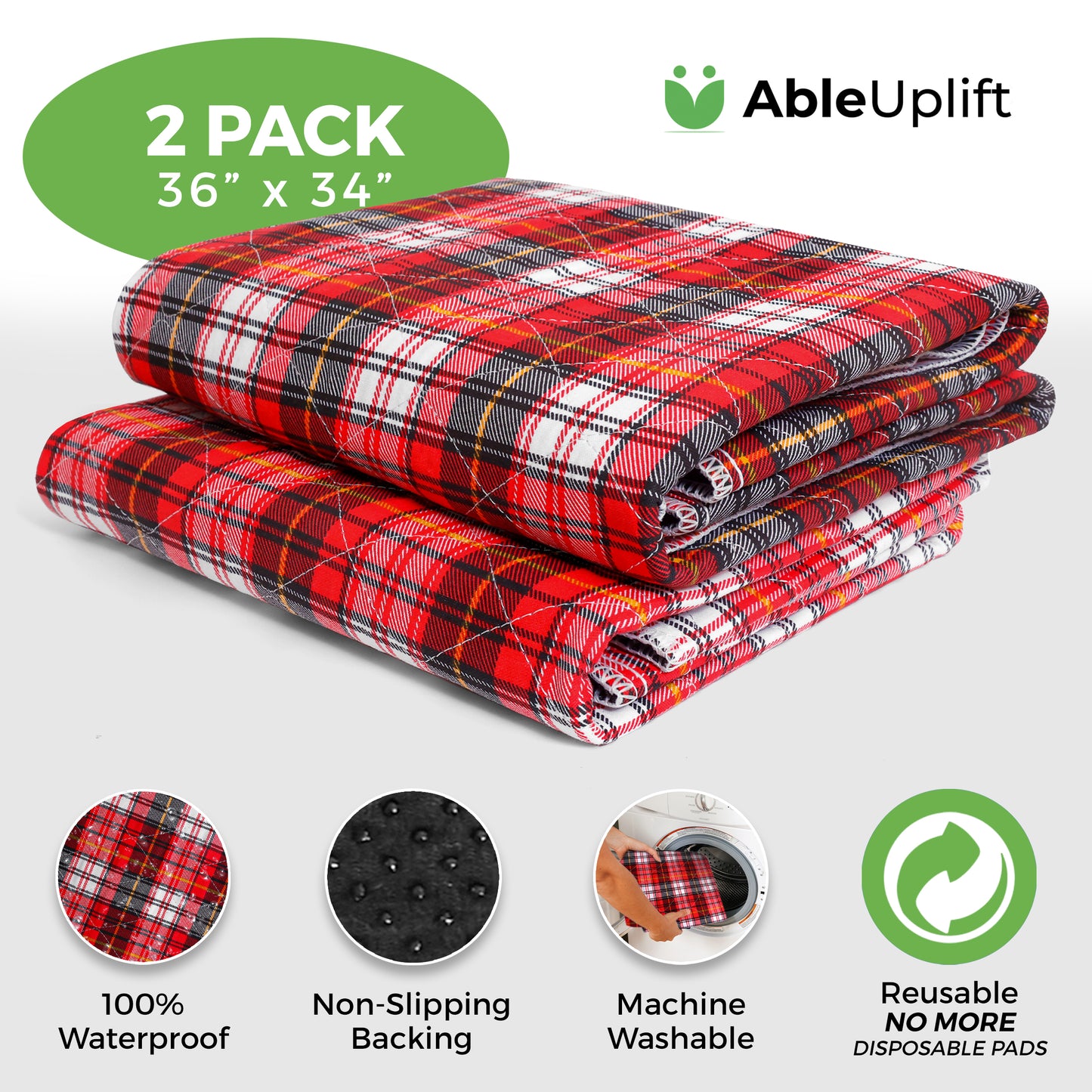 AbleUplift Incontinence Bed Pad 2Pack Red Color with 100% waterproof, non-slipping backing, machine washable