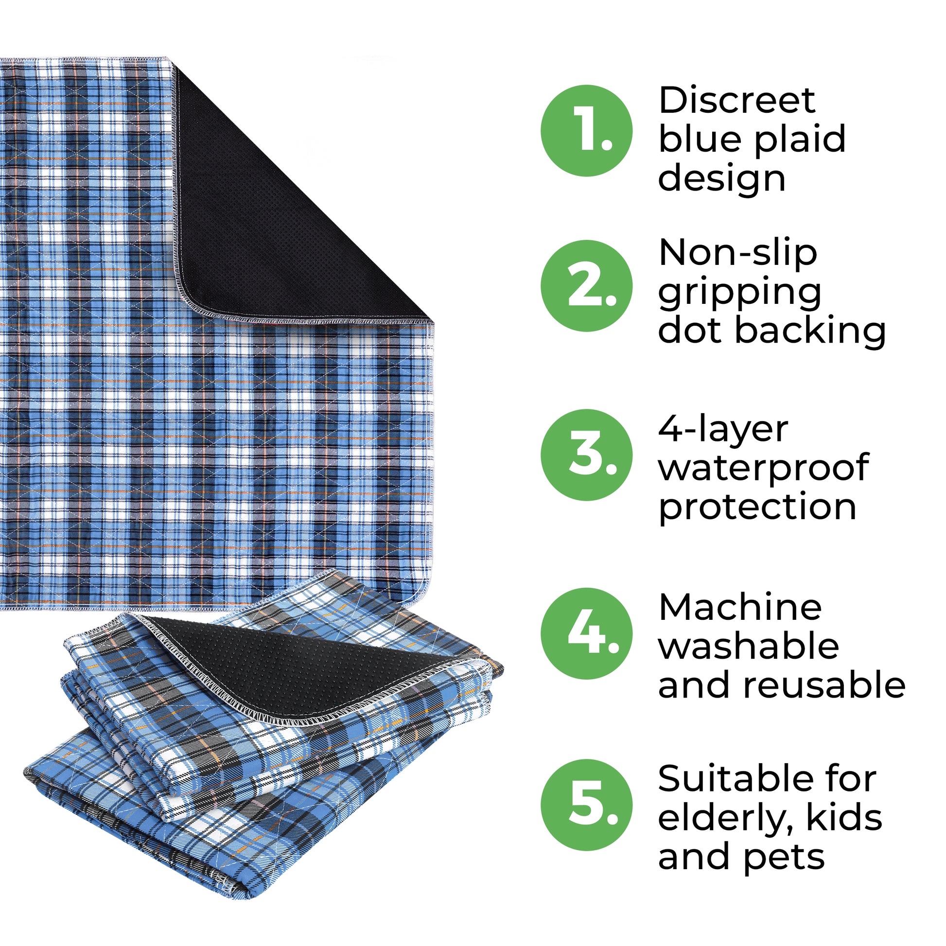 AbleUplift Incontinence Bed Pad Five Features Blue Plaid Color