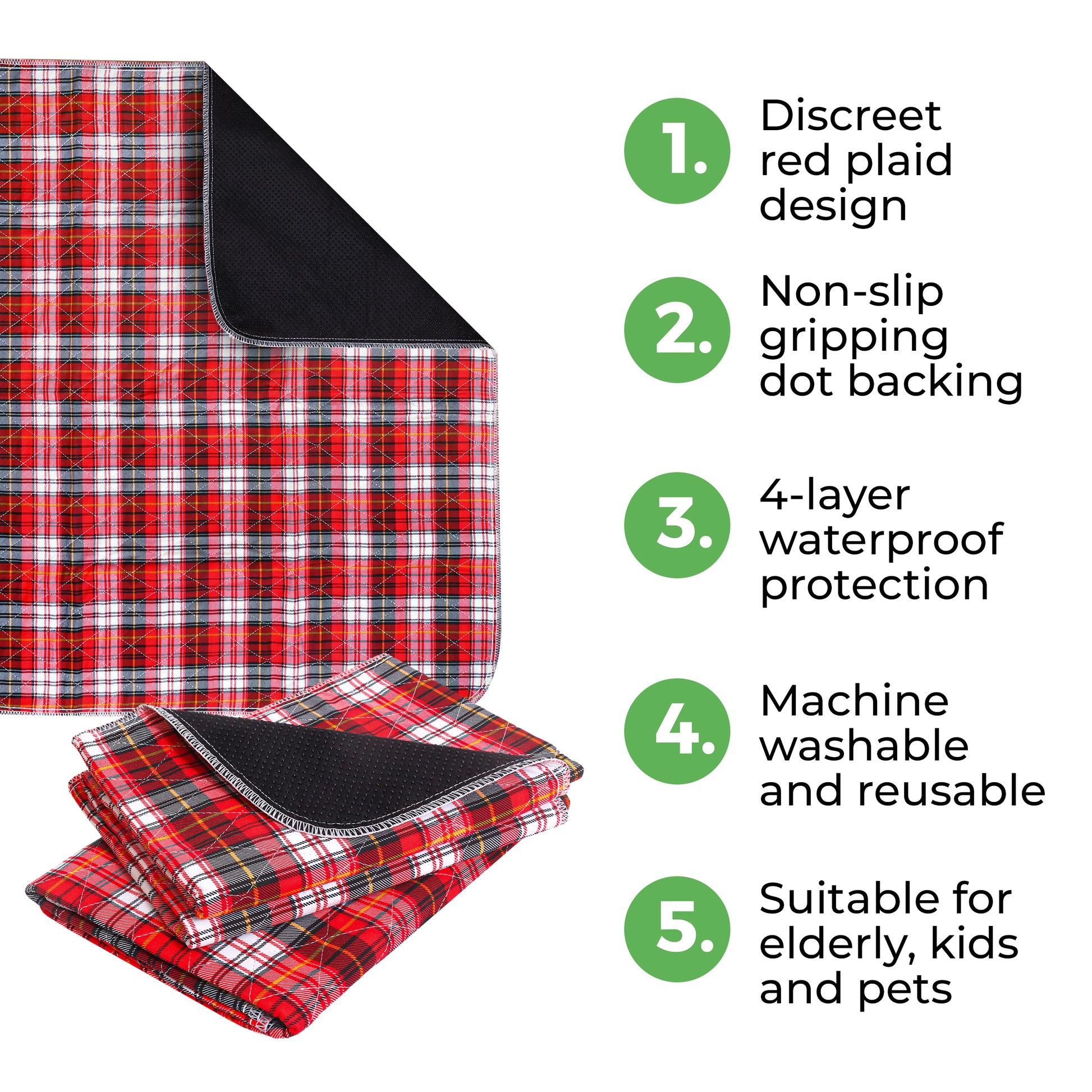 AbleUplift Incontinence Bed Pad Five Features Red Plaid Color