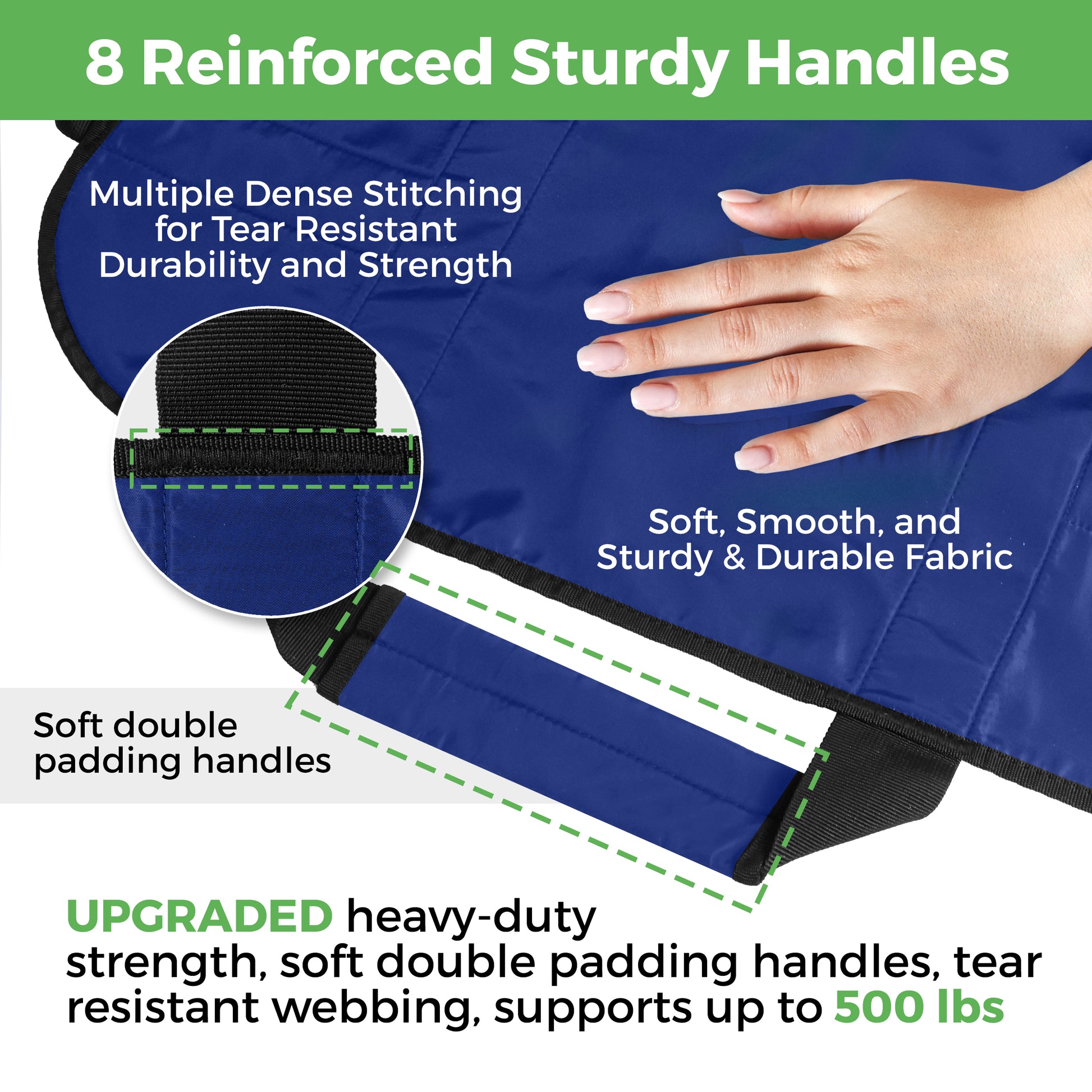 AbleUplift Positioning Bed Pad Blue 8 Reinforced Handles with soft double padding handles, soft and smooth fabric, supports up to 500lbs.