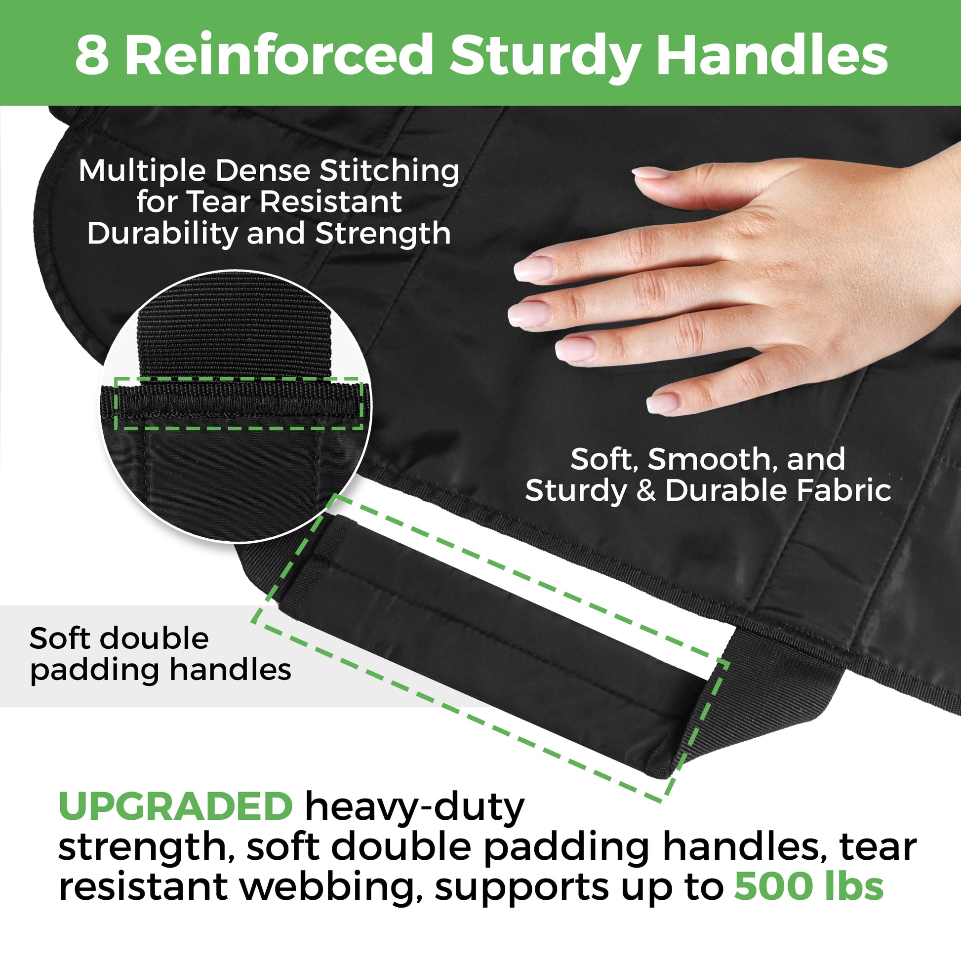 AbleUplift Positioning Bed Pad Black 8 Reinforced Handles with soft double padding handles, soft and smooth fabric, supports up to 500lbs.